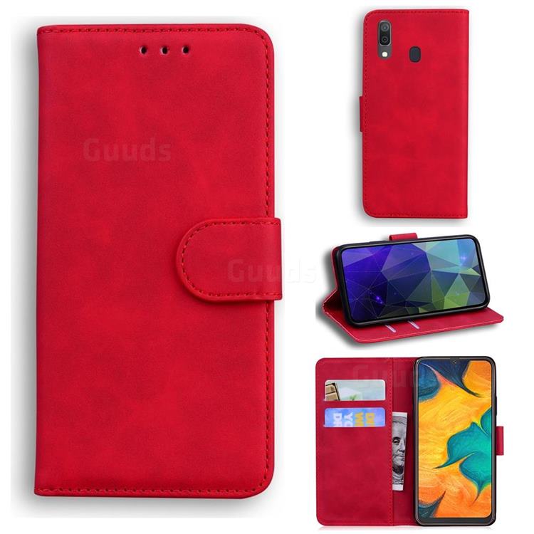 Retro Classic Skin Feel Leather Wallet Phone Case for Samsung Galaxy A20 - Red