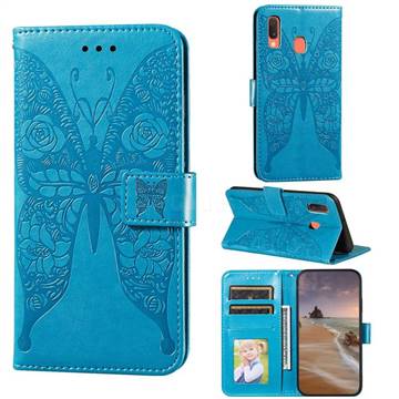 Intricate Embossing Rose Flower Butterfly Leather Wallet Case for Samsung Galaxy A20 - Blue