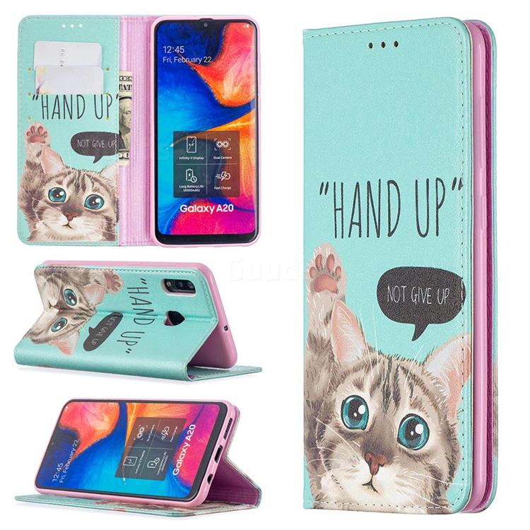 Hand Up Cat Slim Magnetic Attraction Wallet Flip Cover for Samsung Galaxy A20