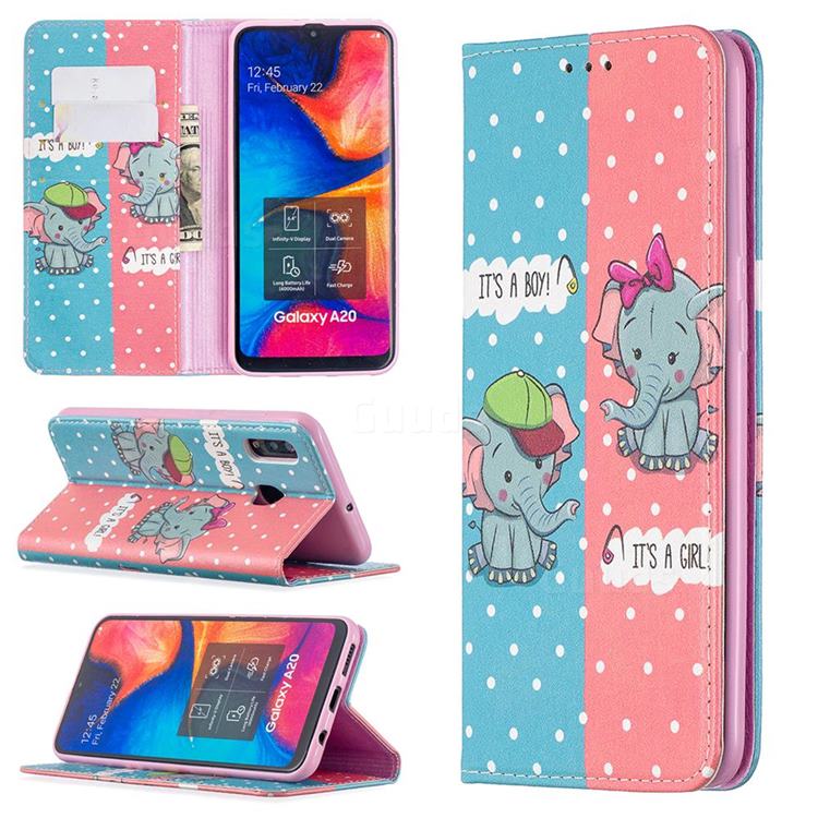 Elephant Boy and Girl Slim Magnetic Attraction Wallet Flip Cover for Samsung Galaxy A20