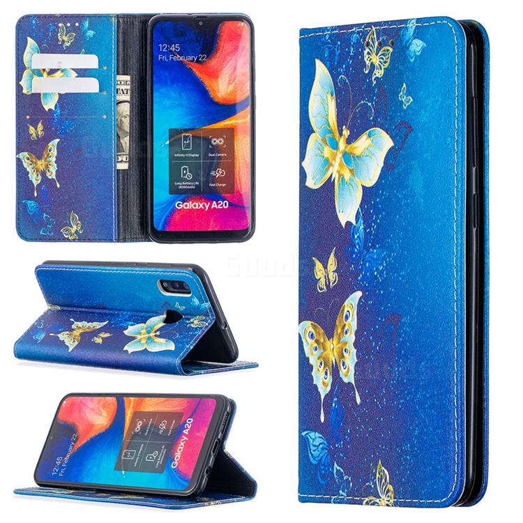 Gold Butterfly Slim Magnetic Attraction Wallet Flip Cover for Samsung Galaxy A20