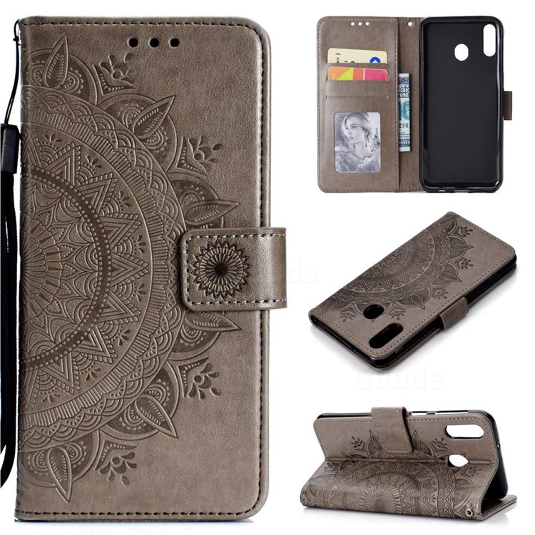 Intricate Embossing Datura Leather Wallet Case for Samsung Galaxy A20 - Gray