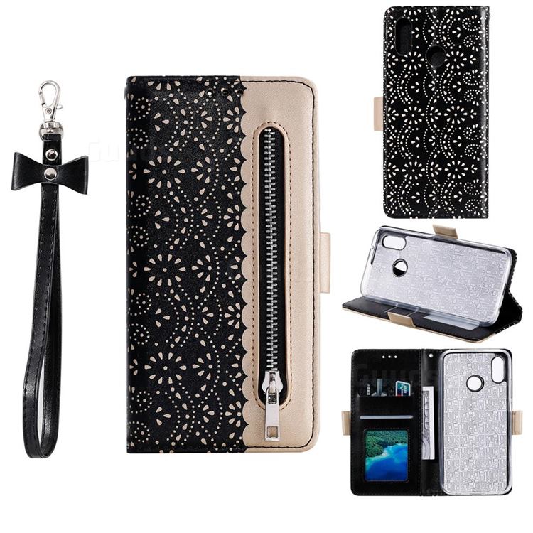 Luxury Lace Zipper Stitching Leather Phone Wallet Case for Samsung Galaxy A20 - Black
