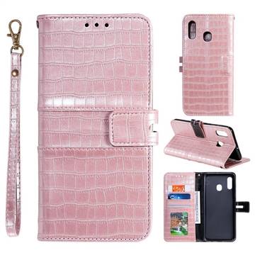 Luxury Crocodile Magnetic Leather Wallet Phone Case for Samsung Galaxy A20 - Rose Gold