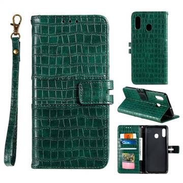 Luxury Crocodile Magnetic Leather Wallet Phone Case for Samsung Galaxy A20 - Green