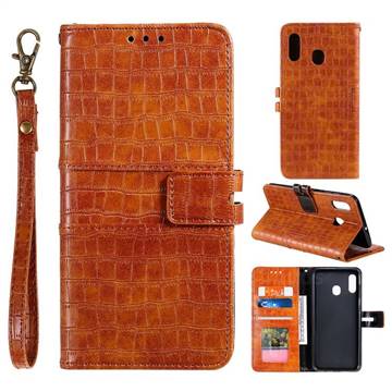 Luxury Crocodile Magnetic Leather Wallet Phone Case for Samsung Galaxy A20 - Brown