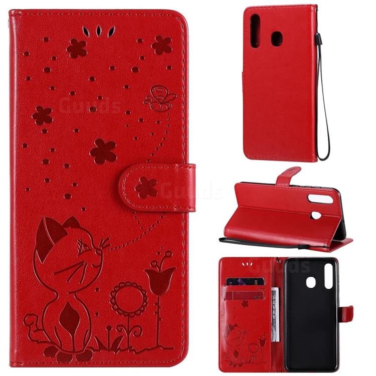Embossing Bee and Cat Leather Wallet Case for Samsung Galaxy A20 - Red