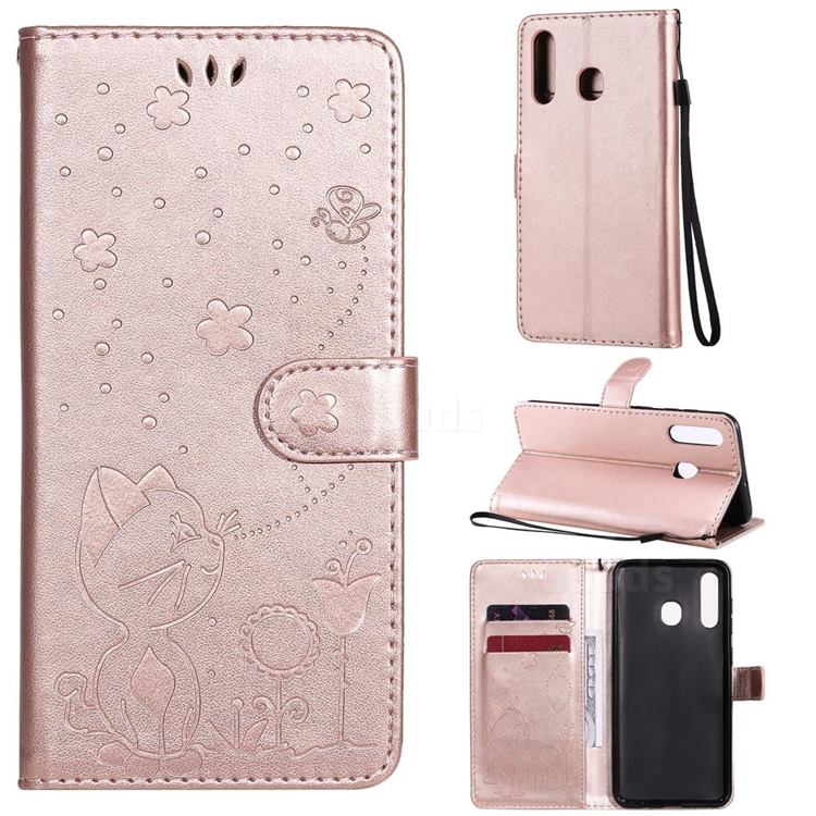 Embossing Bee and Cat Leather Wallet Case for Samsung Galaxy A20 - Rose Gold