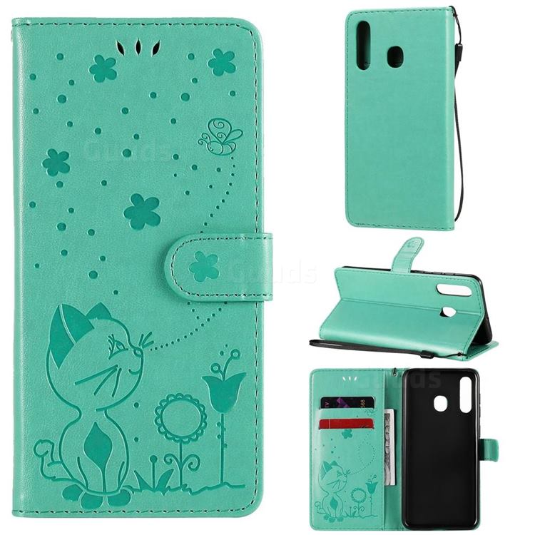 Embossing Bee and Cat Leather Wallet Case for Samsung Galaxy A20 - Green