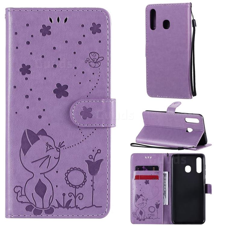 Embossing Bee and Cat Leather Wallet Case for Samsung Galaxy A20 - Purple