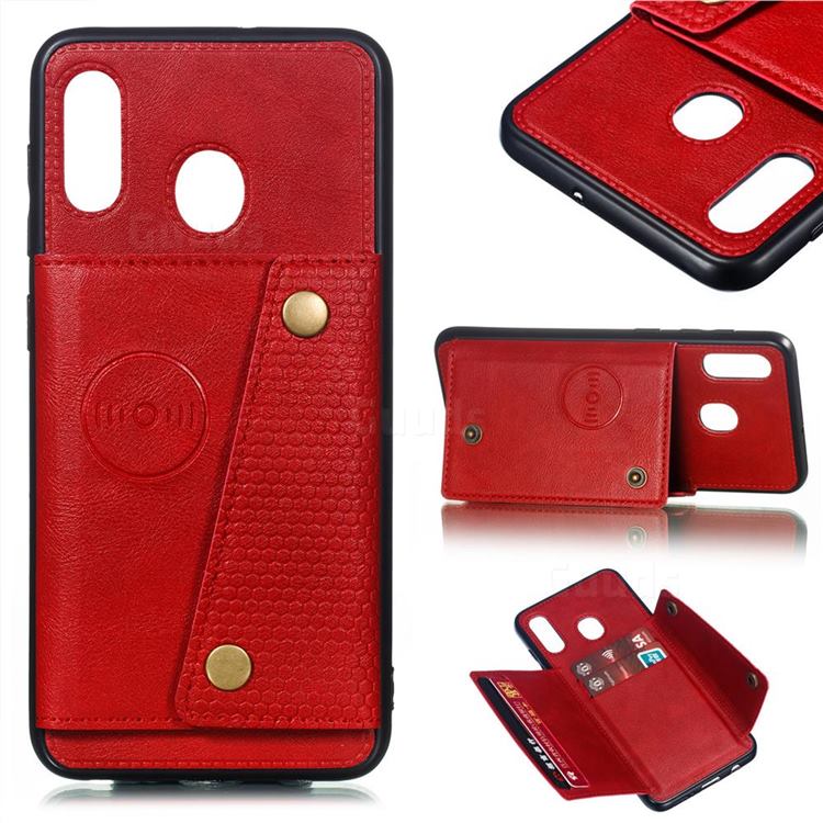 Retro Multifunction Card Slots Stand Leather Coated Phone Back Cover for Samsung Galaxy A20 - Red