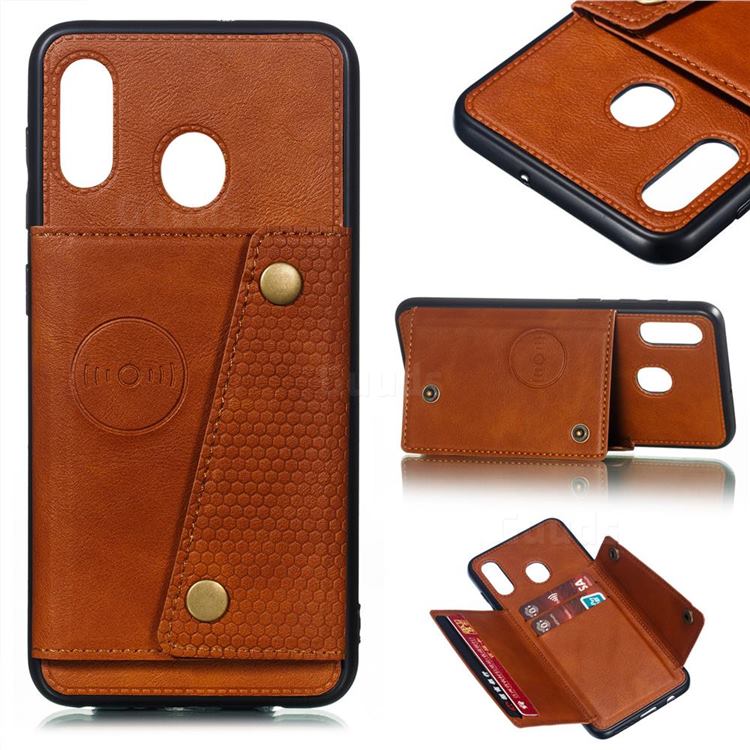 Retro Multifunction Card Slots Stand Leather Coated Phone Back Cover for Samsung Galaxy A20 - Brown