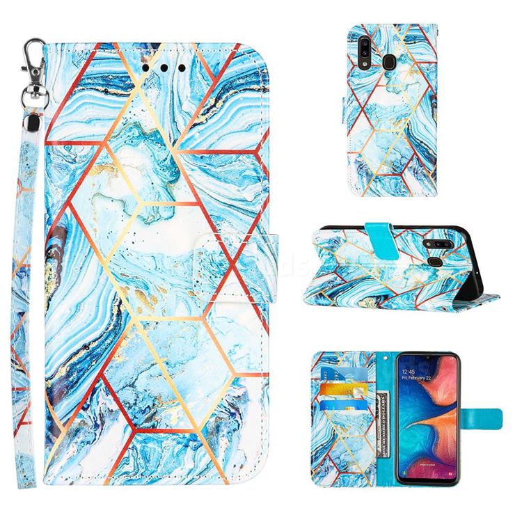 Lake Blue Stitching Color Marble Leather Wallet Case for Samsung Galaxy A20
