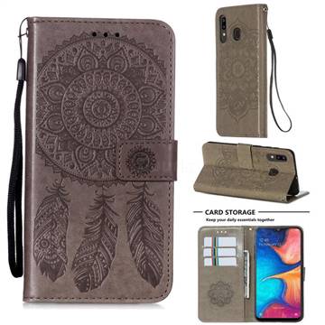 Embossing Dream Catcher Mandala Flower Leather Wallet Case for Samsung Galaxy A20 - Gray