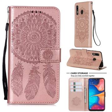 Embossing Dream Catcher Mandala Flower Leather Wallet Case for Samsung Galaxy A20 - Rose Gold