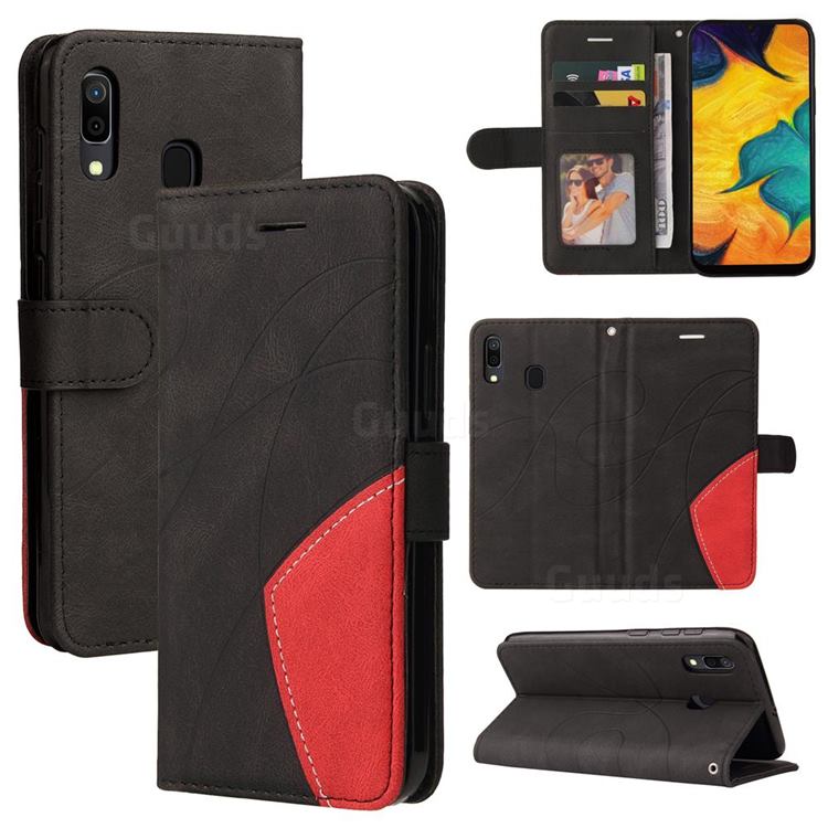 Luxury Two-color Stitching Leather Wallet Case Cover for Samsung Galaxy A20 - Black