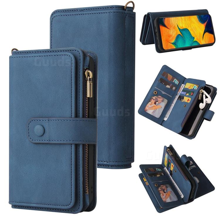 Luxury Multi-functional Zipper Wallet Leather Phone Case Cover for Samsung Galaxy A20 - Blue