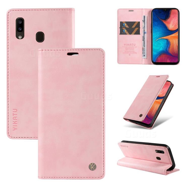 YIKATU Litchi Card Magnetic Automatic Suction Leather Flip Cover for Samsung Galaxy A20 - Pink