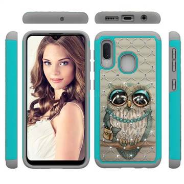 Sweet Gray Owl Studded Rhinestone Bling Diamond Shock Absorbing Hybrid Defender Rugged Phone Case Cover for Samsung Galaxy A20e