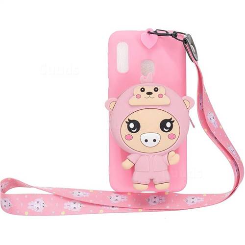 Pink Pig Neck Lanyard Zipper Wallet Silicone Case for Samsung Galaxy A20e