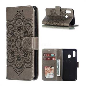 Intricate Embossing Datura Solar Leather Wallet Case for Samsung Galaxy A20e - Gray