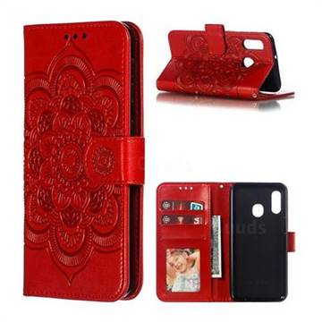 Intricate Embossing Datura Solar Leather Wallet Case for Samsung Galaxy A20e - Red