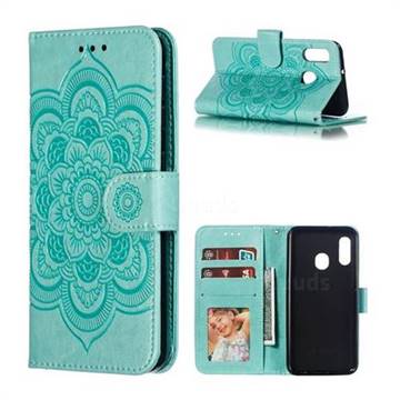Intricate Embossing Datura Solar Leather Wallet Case for Samsung Galaxy A20e - Green
