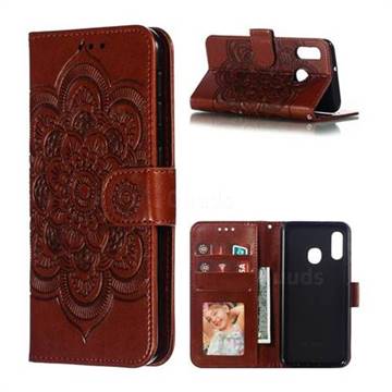 Intricate Embossing Datura Solar Leather Wallet Case for Samsung Galaxy A20e - Brown