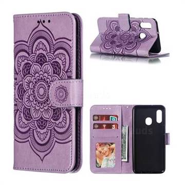 Intricate Embossing Datura Solar Leather Wallet Case for Samsung Galaxy A20e - Purple