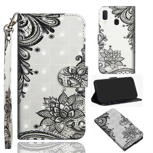 Black Lace Flower 3D Painted Leather Wallet Case for Samsung Galaxy A20e