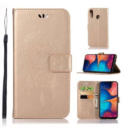 Intricate Embossing Owl Campanula Leather Wallet Case for Samsung Galaxy A20e - Champagne