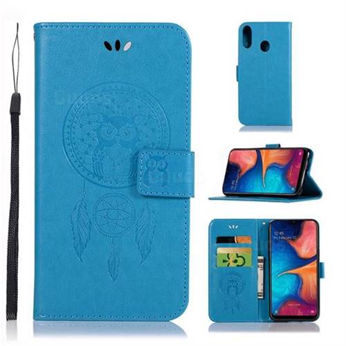 Intricate Embossing Owl Campanula Leather Wallet Case for Samsung Galaxy A20e - Blue