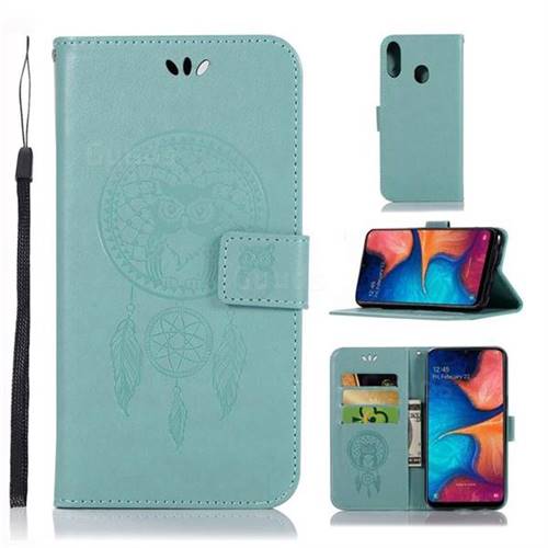Intricate Embossing Owl Campanula Leather Wallet Case for Samsung Galaxy A20e - Green