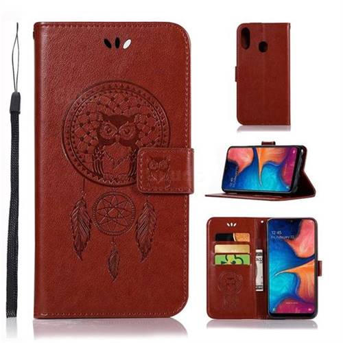 Intricate Embossing Owl Campanula Leather Wallet Case for Samsung Galaxy A20e - Brown