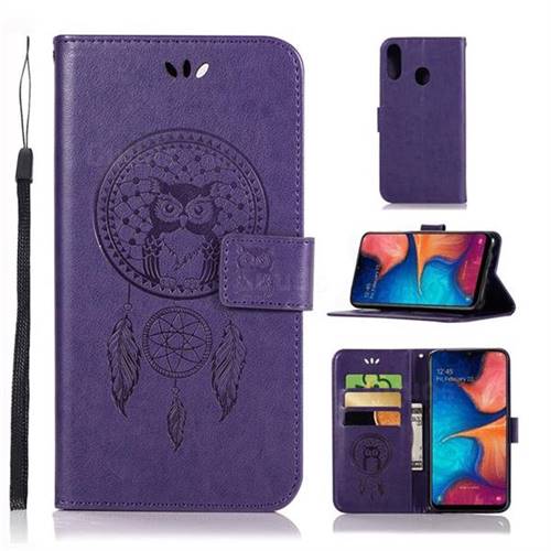 Intricate Embossing Owl Campanula Leather Wallet Case for Samsung Galaxy A20e - Purple