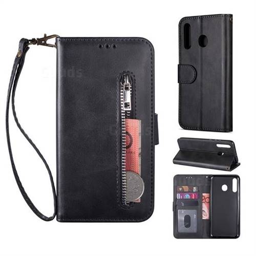 Retro Calfskin Zipper Leather Wallet Case Cover for Samsung Galaxy A20e - Black