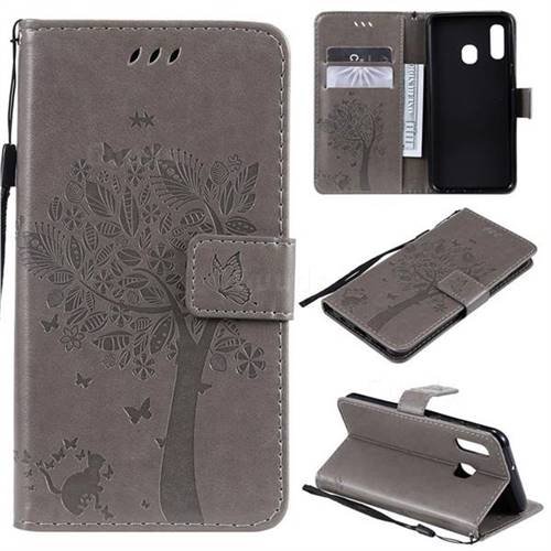 Embossing Butterfly Tree Leather Wallet Case for Samsung Galaxy A20e - Grey