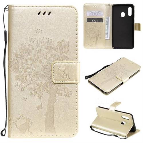 Embossing Butterfly Tree Leather Wallet Case for Samsung Galaxy A20e - Champagne