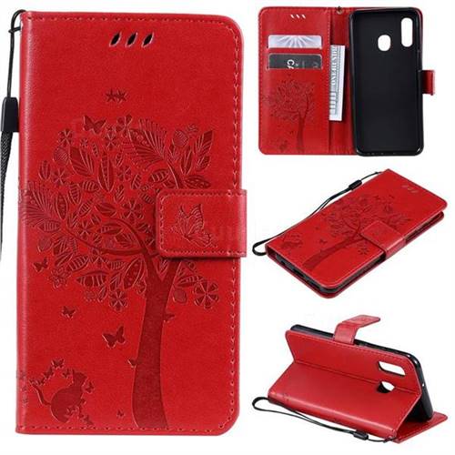 Embossing Butterfly Tree Leather Wallet Case for Samsung Galaxy A20e - Red
