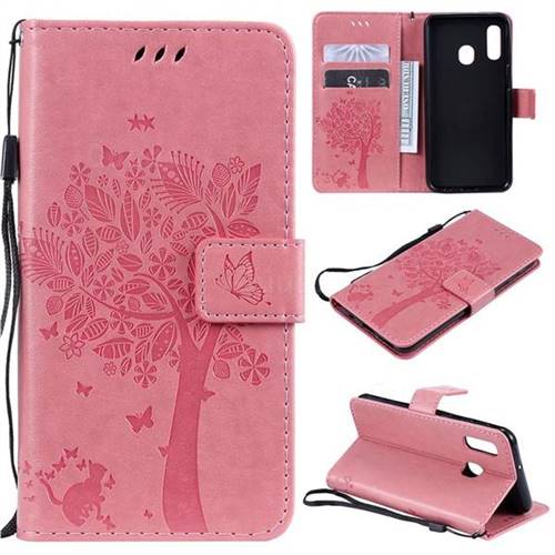 Embossing Butterfly Tree Leather Wallet Case for Samsung Galaxy A20e - Pink
