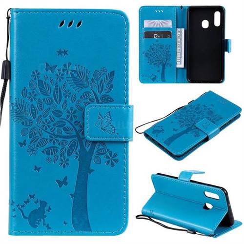 Embossing Butterfly Tree Leather Wallet Case for Samsung Galaxy A20e - Blue