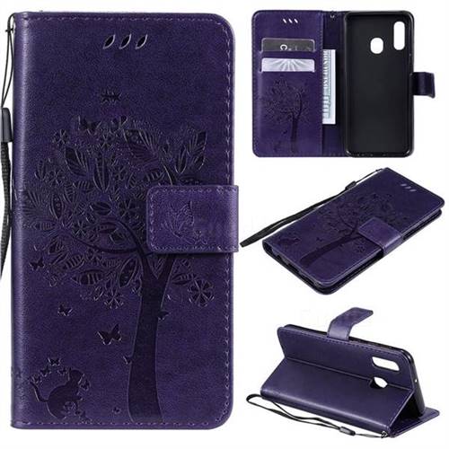 Embossing Butterfly Tree Leather Wallet Case for Samsung Galaxy A20e - Purple