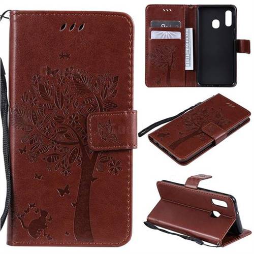 Embossing Butterfly Tree Leather Wallet Case for Samsung Galaxy A20e - Coffee