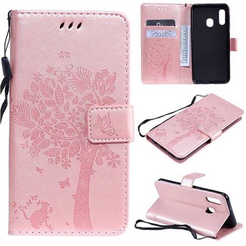 Embossing Butterfly Tree Leather Wallet Case for Samsung Galaxy A20e - Rose Pink