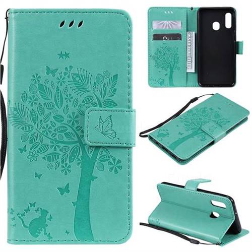 Embossing Butterfly Tree Leather Wallet Case for Samsung Galaxy A20e - Cyan