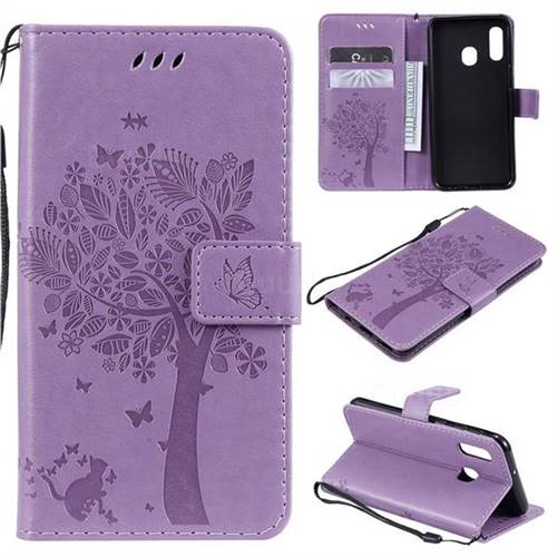 Embossing Butterfly Tree Leather Wallet Case for Samsung Galaxy A20e - Violet