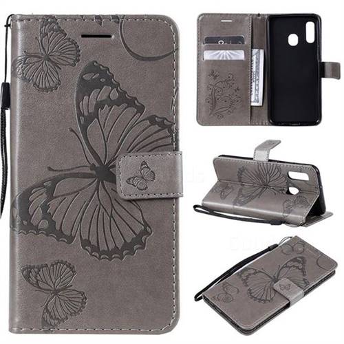 Embossing 3D Butterfly Leather Wallet Case for Samsung Galaxy A20e - Gray