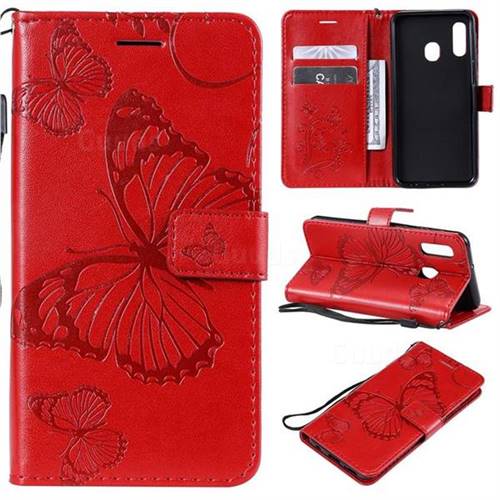 Embossing 3D Butterfly Leather Wallet Case for Samsung Galaxy A20e - Red