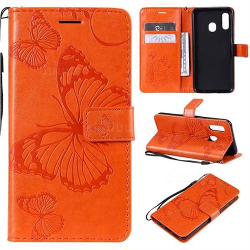 Embossing 3D Butterfly Leather Wallet Case for Samsung Galaxy A20e - Orange