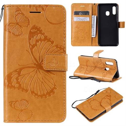 Embossing 3D Butterfly Leather Wallet Case for Samsung Galaxy A20e - Yellow